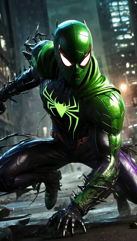 Imagine a nightmarish fusion of Spiderman, Batman, and the Joker—a villainous figure wrapped in shadows and chaos. This character is a terrifying mix of agility, cunning, and madness, completely masked, embodying the darkest traits of each. His suit is a t...