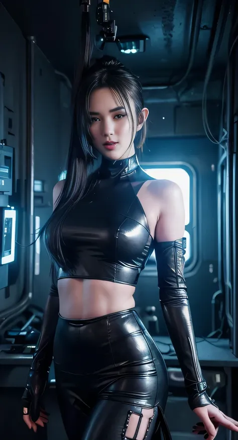 beautiful cyberpunk girl wearing a futuristic head mounted display,  (finely detailed skin), pale skin, (in a deep neckline high...