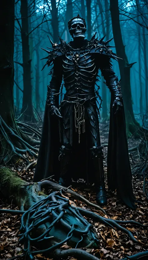 A chilling, analog-inspired, raw photograph captures the nightmarish figure of a skeletal, emaciated lich standing in a dark, twisted, haunted forest. The woods are corrupted, with gnarled, leafless trees towering ominously over the tombstones scattered at...