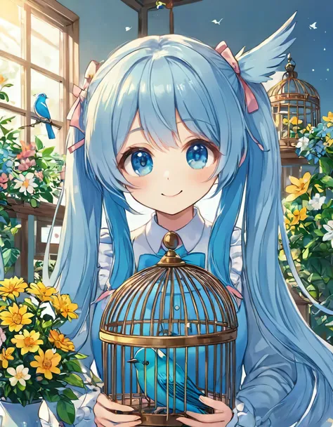  Light Blue Long Hair 、 Beautiful Girl with Twin Tails 、Im looking at the beautiful little bird in the birdcage with a smile、A bright, sunny room、 There are lots of beautiful flowers in the room