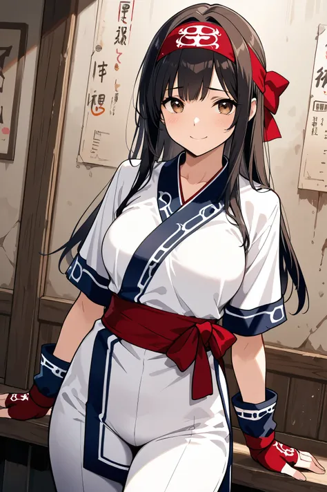 masterpiece,  Best Quality ,1 Girl,  alone, Discomfort, red bow, bow, Long hair, hair bow, Ainu costume ,  alone, Hairband,  dark hair , fingerless Gloves, Short sleeve, Gloves, sash,  bangs, red Hairband, breast,  brown eyes , White pants, Japanese clothi...