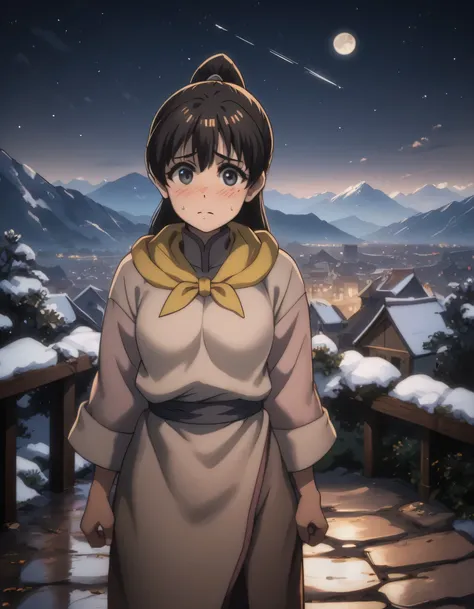 score_9, score_8_up, score_7_up, gsfghtr, multicolored robe, neckerchief, 1girl, shy, blush, best lighting, top of ice mountain, hills, city view, night, moon, shooting stars