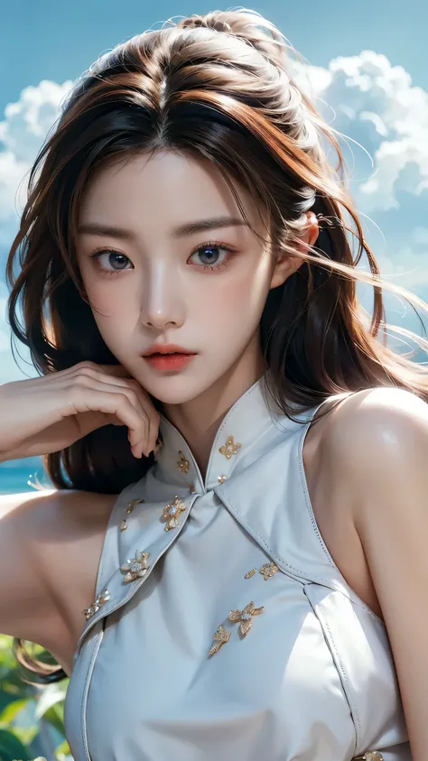 (masterpiece), ( top notch ), ( High Quality Details), (illustration), (1 woman), look at the viewer and focus on the , (Interview), beautiful and detailed eyes , delicate and beautiful face , Floating , (High saturation), (shining), blue sky, Bright and b...