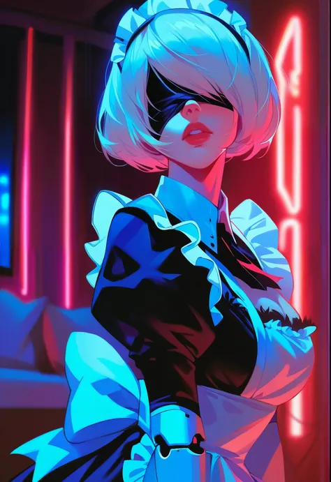 2B, nier automata, blindfold, maid cosplay, futuristic hotel room, neon lights, stoic, night time, beautiful lighting,