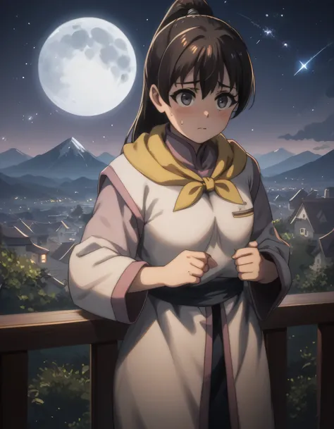 score_9, score_8_up, score_7_up, gsfghtr, multicolored robe, neckerchief, 1girl, shy, blush, best lighting, top of mountain, hills, city view, night, moon, shooting stars