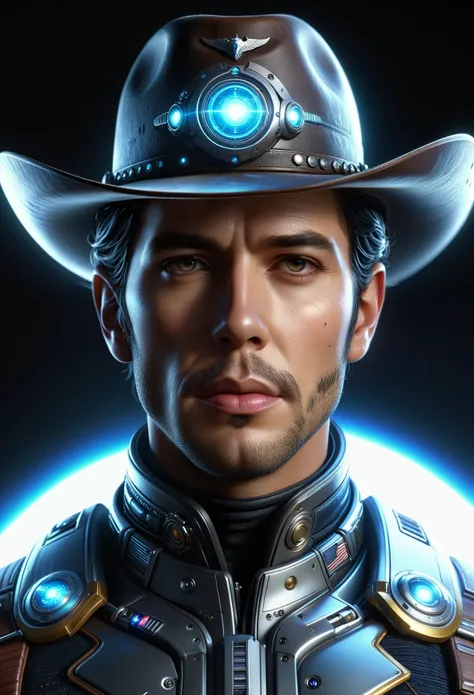 Space Cowboy， ultra-detailed ,realistic,Galaxy,interstellar,1 man， detailed eyes, detailed lips , cowboy, cowboy hat ,Technological clothing,light emitting clothing .Correct human anatomy， Body Movements ，motion capture，cyberpunk， Warhorse mechanical aviat...