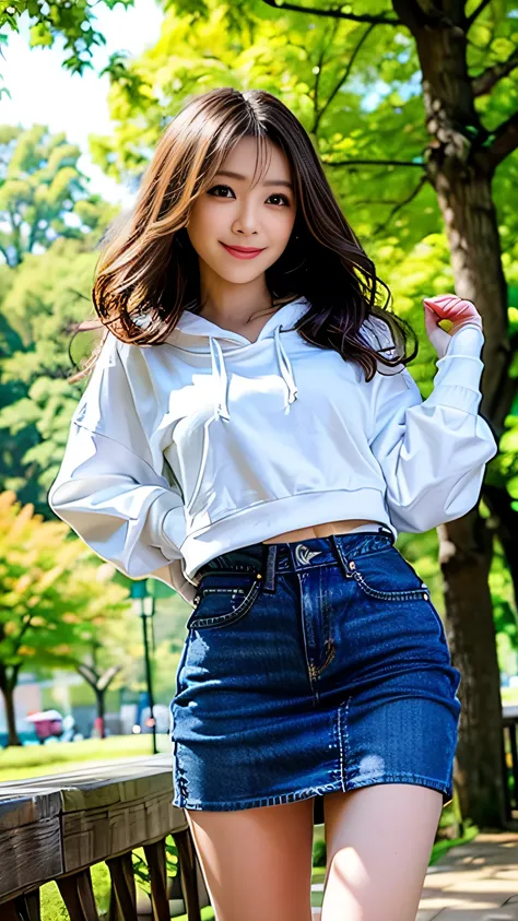 seed;2372725988,(from below:1.2))、((Front hair:1.3))、(( best quality, 8k, masterpiece: 1.3)), concentrated: 1.2, Cute 1, nipples standing、  perfect beauty: 1.4,(( Colorful、 Hoodie、 Denim miniskirt:1.2)), very detailed face and skin texture, Fine grain, dou...