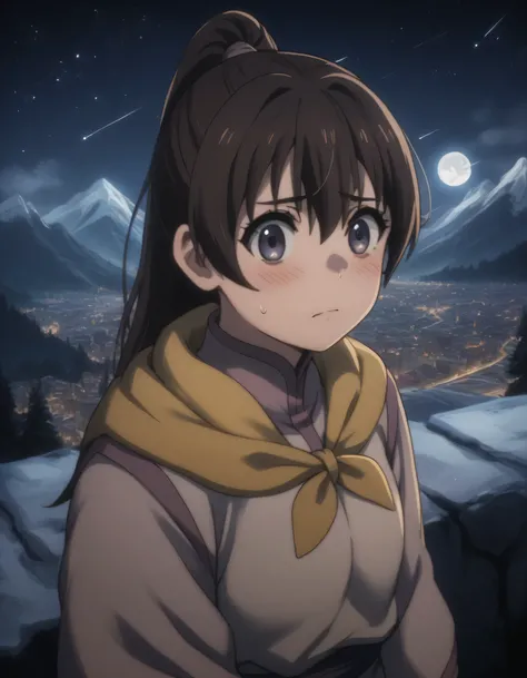 score_9, score_8_up, score_7_up, gsfghtr, multicolored robe, neckerchief, 1girl, shy, blush, best lighting, top of ice mountain, hills, city view, night, moon, shooting stars