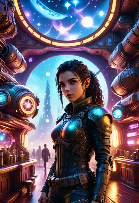 a highly detailed cyberpunk vaqueira girl in a futuristic interstellar tavern, futuristic starry sky background, alien technology, mechanical cowboy, intricate steampunk details, vibrant neon colors, dramatic lighting, photorealistic, extremely detailed, 8...