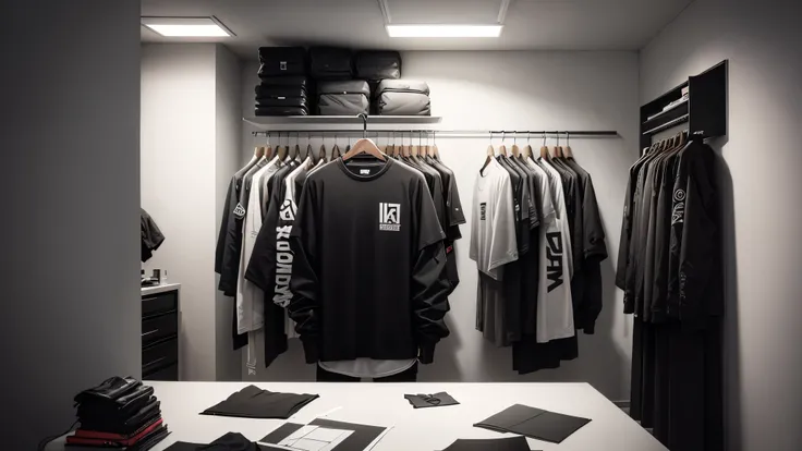 a modern streetwear clothing design studio with lots of cool mens clothing, grey tones only, no people, bright high key lighting