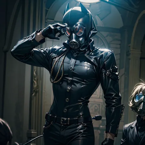 a man with a gasmask and leather suit with black gloves holding a microphone
