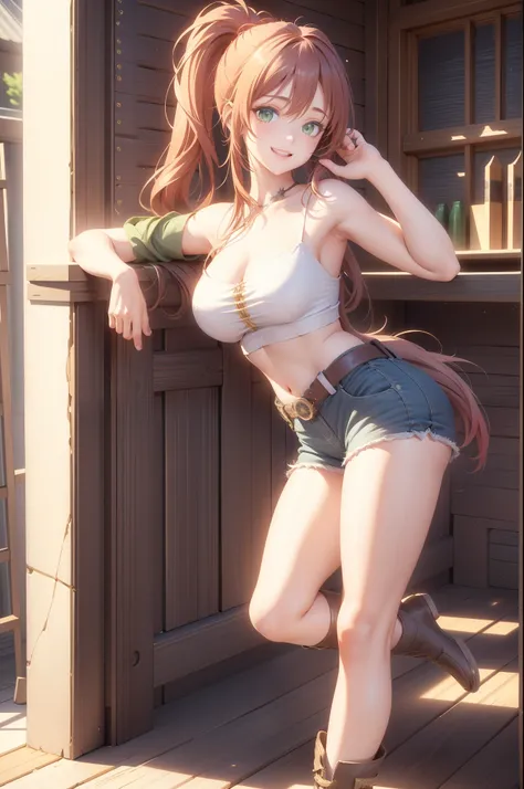 (extremely detailed CG unity 4k wallpaper),(masterpiece),(best quality),(ultra-detailed),(best illustration),(best shadow),(absurdres),(detailed background), Red long hair (Ponytail), green eyes, Daisy dukes, Smiling, Boots, Farm,