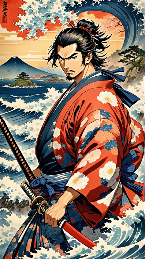 Generate an image of Itō Ittōsai, the legendary samurai from Japans Sengoku period. He should appear as a powerful and fearsome swordsman, exuding both wild energy and masterful precision. Depict him in a traditional samurai outfit with a katana, poised fo...