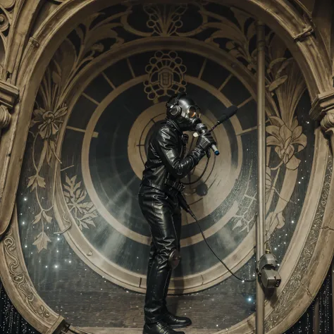 a man with a gasmask, leather suit, and black gloves singing into a microphone. He is on stage with lost of lights and sparkles, beautiful, masterpiece, Ultra HD, Art Nouveau, in the style of Alphonse Mucha