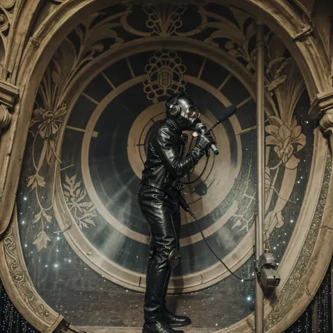 a man with a gasmask, leather suit, and black gloves singing into a microphone. He is on stage with lost of lights and sparkles, beautiful, masterpiece, Ultra HD, Art Nouveau, in the style of Alphonse Mucha