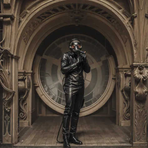 a man with a gasmask, leather suit, and black gloves singing into a microphone. He is on stage with lost of lights and sparkles, beautiful, masterpiece, Ultra HD, Art Nouveau, in the style of Alphonse Mucha 