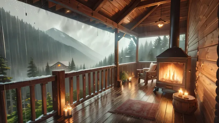 there is a fire place on the porch of a cabin, luxurious wooden cottage, all in the amazing outdoors view, rainy day outside, cozy and peaceful atmosphere, atmospheric render, rainy outside, cozy atmospheric, cozy place, rainy day. game render, rendered in...