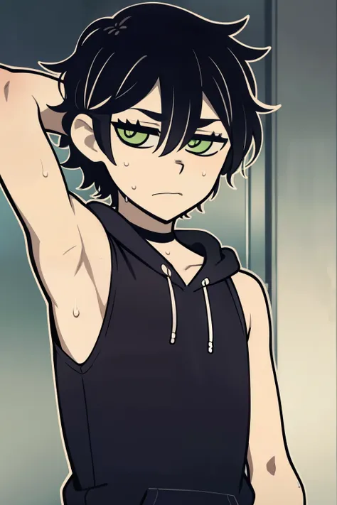 Highres, Masterpiece, Best quality at best,Best Quality,hight quality, hight detailed, Anime style, 1boy, Shota, young boy, Young andy graves, hair between eyes, closed mouth,black hair, green eyes, Slim body, messy hair, look at viewer, Sleeveless hoodie,...