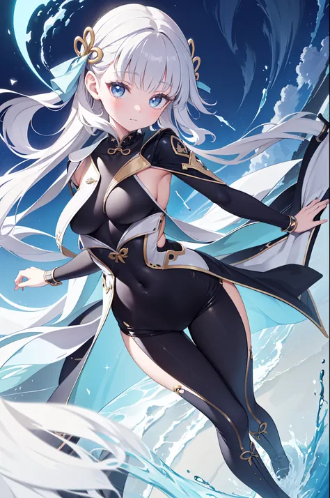 ( Best Quality ,4K,8K, high resolution ,masterpiece:1.2), extremely detailed,Mature Woman,, magic ,Charm,joy, Holy Goddess , magic al effect,Silver Hair, blue eyes,One-piece rubber suit，boots