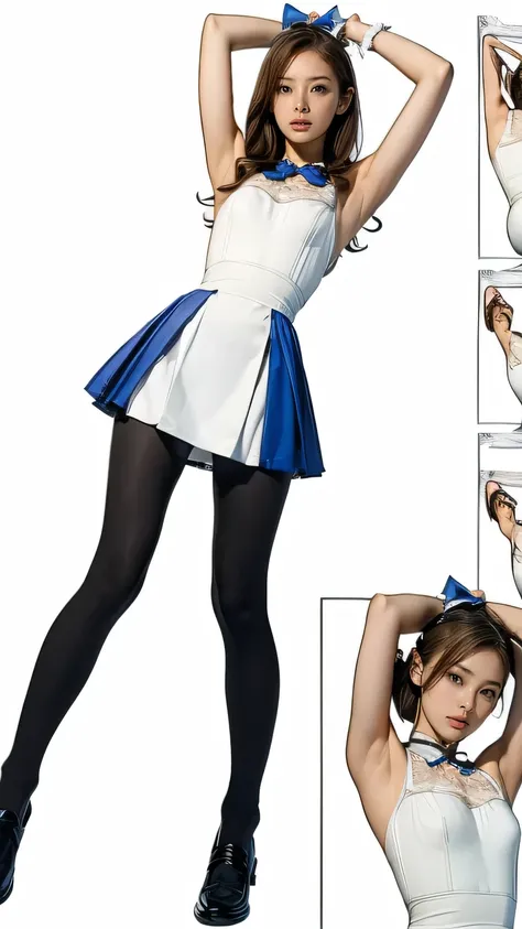 ((masterpiece)),((( highest quality ))),(( character design sheet )),Slim Thighs ,Long Legs,((  Alice in Wonderland,  wearing big ribbons on the head ,, Wear black leggings，Loafers))、girl、( raise your arms 、 Please show me your armpits :1.2)、(drooping eyes...