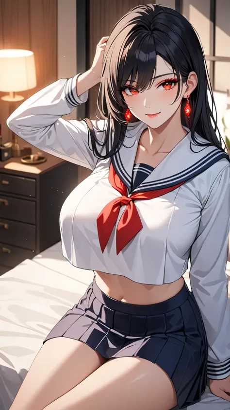 super Highest quality　masterpiece　High resolution　masterpiece,Black hair, Red glowing Eyes, messy  hair, seductive smile, tight, bedroom, mature female, earrings wearing long sleeves sailor uniform, big breast, ultra beautiful, make up, glowing, hand behin...