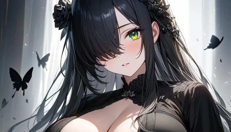 quality(8k,wallpaper of extremely detailed CG unit ,(masterpiece, Highest quality:1.2), (masterpiece, Highest quality:1.2), (1girl), alone, ((long hair)), ((black hair)), (straight hair), ((hair over face)), (hair over one eye), (hair over right eye), (bla...