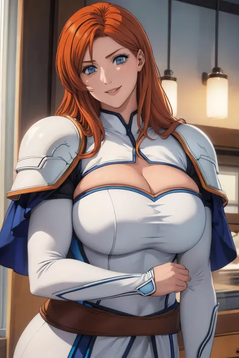 woman, long ginger hair, oranger hair, blue eyes, smiling, White metallic armor, 