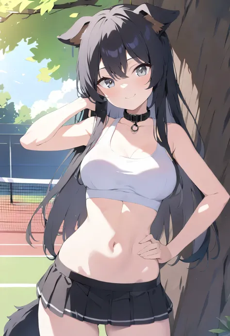 a beautiful dog girl, nsfw, front view, standing under a tree, (((short black tennis skirt))), (((tight white sports bra))), grey eyes, (((smile))), medium breasts, (((hand on hip))), ((long hair)), (black hair), (dog ears), (dog tail), (black dog collar),...