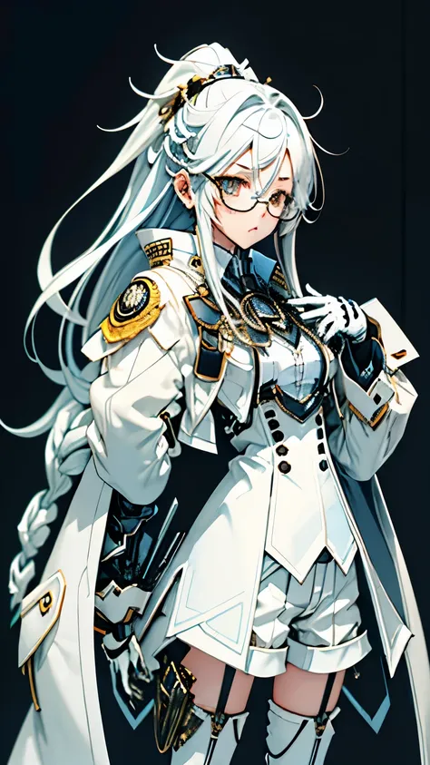 1girl, long silver hair, heterochromia eyes, glasses, white shirt, oversize jacket, gloves, short pants