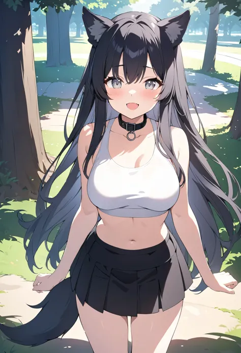 a beautiful dog girl, nsfw, front view, standing under a tree, short black skirt, tight white sports bra, grey eyes, (((happy))), medium breasts, ((long hair)), (black hair), (dog ears), (dog tail), (black dog collar), dynamic shadows, UHD, high quality an...