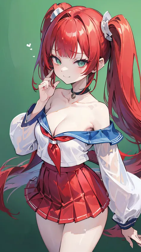 ((masterpiece、 best quality、 very detailed))、 one girl 、 red hair、 long hair、twintails、blunt bangs、light green eyes、evil smile、Moderate breasts、 pointed ears、(( sailor suit))、((clavicle))、((cleavage))、((open clothes))、、(( dark blue pleated skirt ))、((micro...