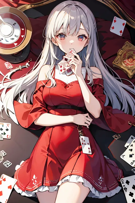 CD jacket style illustration 。 place a playing card around your mouth、Woman in red dress