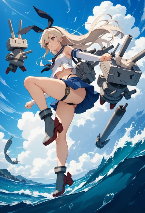 shimakaze/(kancolle/),,blue sky,ocean,fighting