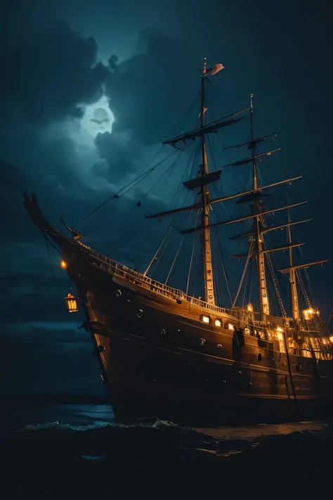 A tattered ghost ship facing sideways in the dark night