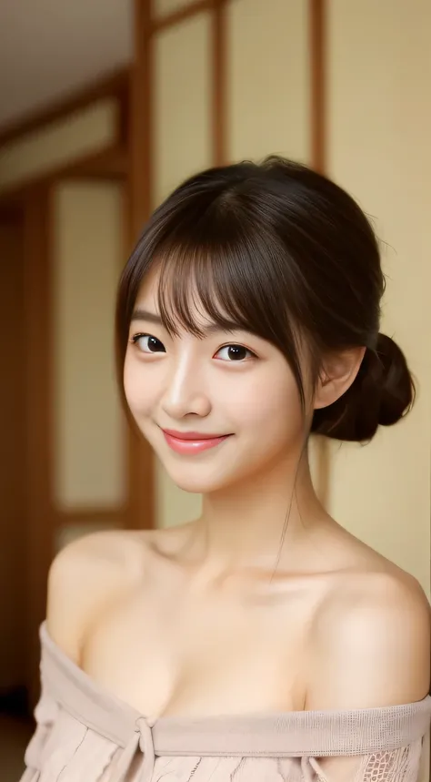 masterpiece,best quality,(Japanese girl),((Beautiful girl)),cleavage,(off shoulder:1.2),(perfect body beauty:1.2),(shy smile),From slightly above