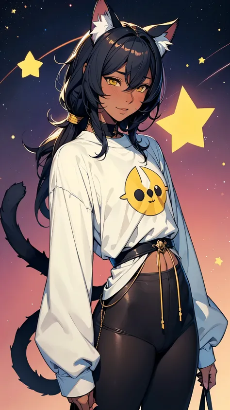 demihuman male, dark skin and adorable dimples, cat ears, fluffy tail, striking yellow eyes, it and thin physique, cute, baggy clothes, tired, solo, blush, panting, stary sky