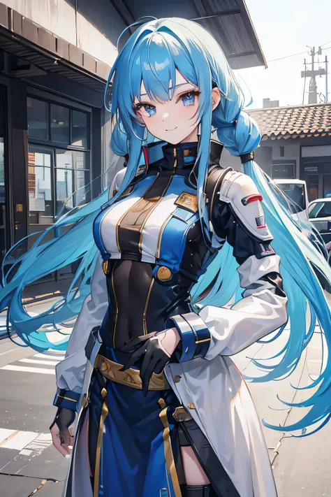 a beautiful young girl with long blue hair in twin braids, a charming smile, wearing a high-tech mecha suit RX-78 frame, intricate jewelry and accessories, detailed facial features, photorealistic, highly detailed, masterpiece, 8k, ultra-detailed,wear a br...