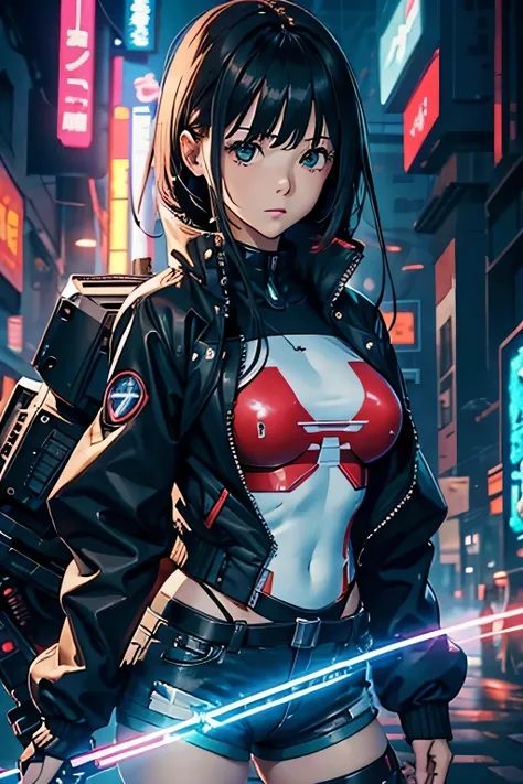  Anime Girl in Shorts and Jacket Standing Next to a Giant Robot、Artwork in the style of Gwaiz、 Cyberpunk Anime Girl Mecha 、Trending on CGSAT 、Gwaiz、 Russell Dongjun Lu 、digital cyberpunk anime art、Rostran 8 K、Artstation Pixivのグワイツ、 Girl in Mecha Cyber Armo...