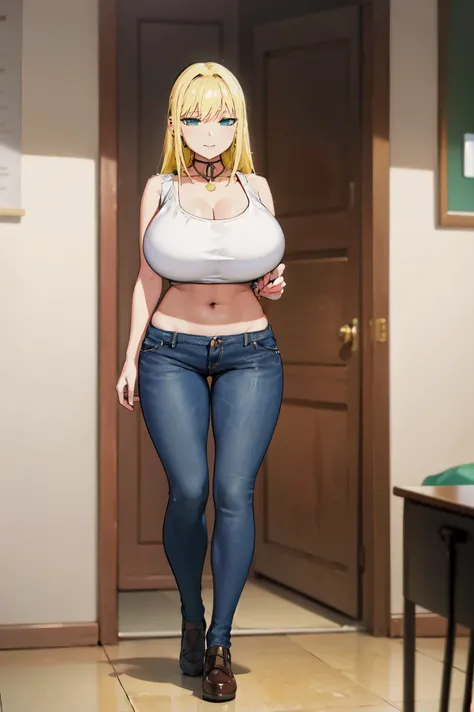 Blonde hair, very huge tits , ((white tank top, short  pants jeans )),   thick, busty, long hair, green eyes,  upperbody, smile, navel, cleavage, legs, thigh, classroom background, standing