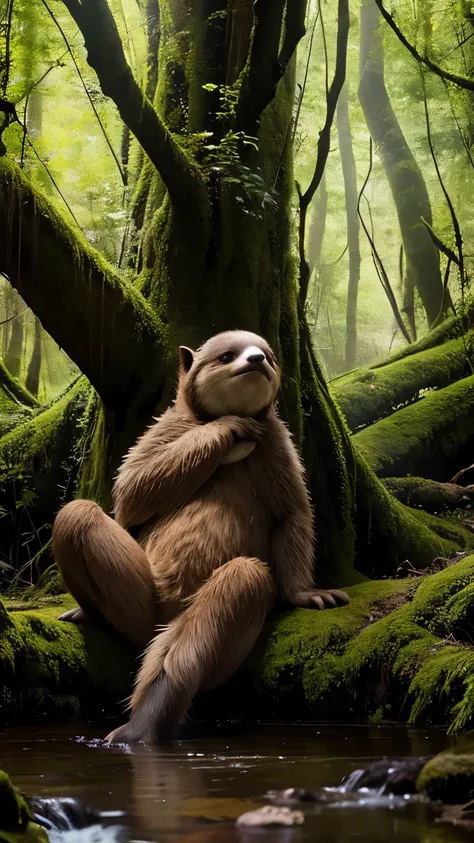 masterpiece、highest quality, 8K, High resolution, super detailed, Big tree, Deep woods, tree with intricate leaves、faint light, fantasy, Correct rabbit description, Mysterious Sloth, bipedal Sloth、Sloth wearing a tailcoatbrown sloth looking at viewer, fant...