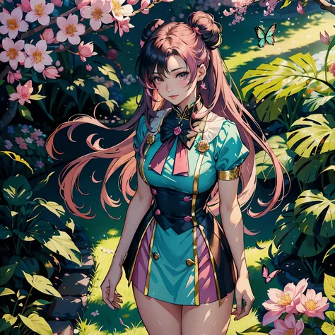 A beautiful Indonesian model with long, flowing hair and vibrant bright pink and green silk school uniform clothes, standing gracefully in a lush garden surrounded by colorful flowers, sakura blossoms, and butterflies. The model has detailed facial feature...