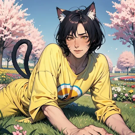 demihuman male, dark skin and adorable dimples, cat ears, fluffy tail, striking yellow eyes, fit and thin physique, man, cute, baggy clothes, tired, solo, blush, panting, stary sky, flower garden, laying in grass, High Resolution, Masterpiece, Accurate, Be...