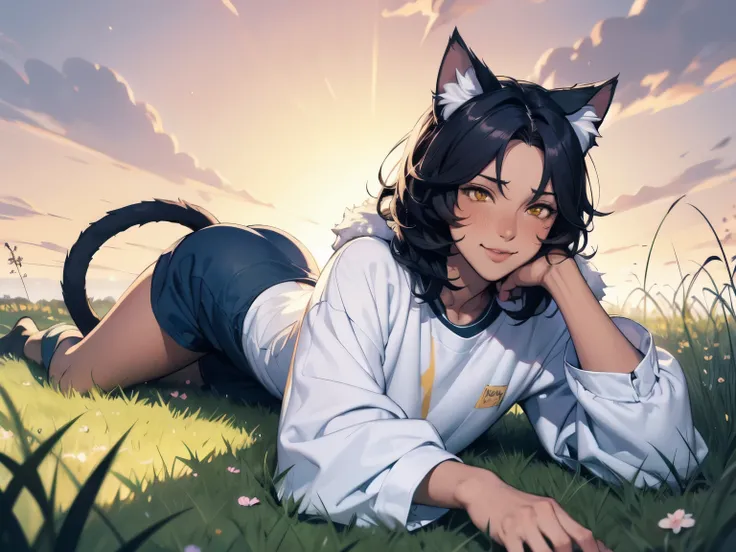 demihuman male, dark skin and adorable dimples, cat ears, fluffy tail, striking yellow eyes, fit and thin physique, man, cute, baggy clothes, tired, solo, blush, panting, stary sky, floeer garden, laying in grass, High Resolution, Masterpiece, Accurate, Be...