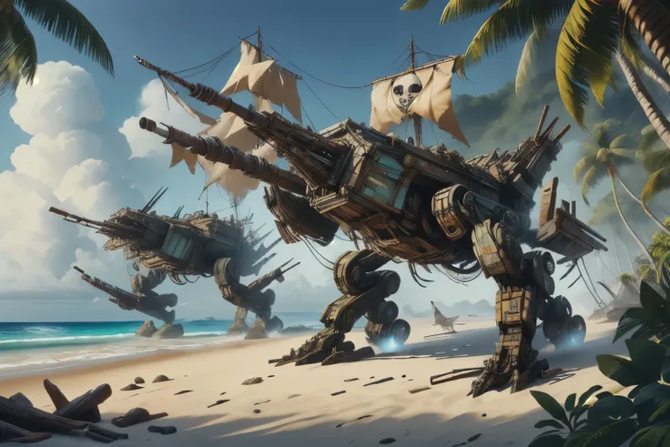 masterpiece, best quality, expressive eyes, absurdres, salvagepirateworld, quadruped, tank battle mecha, on a tropical beach,