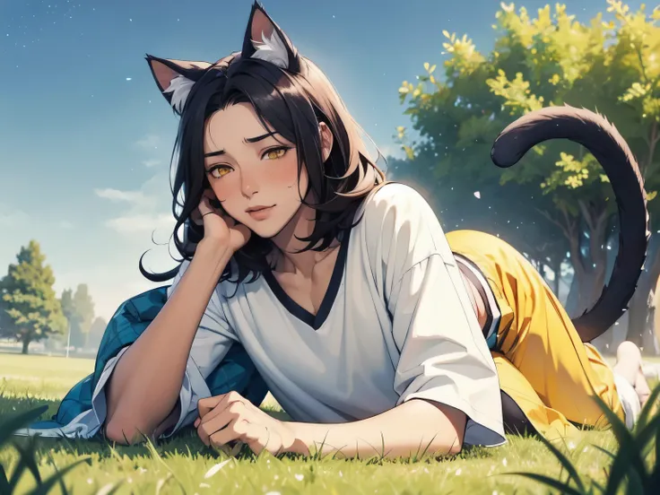 demihuman male, dark skin and adorable dimples, cat ears, fluffy tail, striking yellow eyes, fit and thin physique, man, cute, baggy clothes, tired, solo, blush, panting, stary sky, floeer garden, laying in grass, High Resolution, Masterpiece, Accurate, Be...