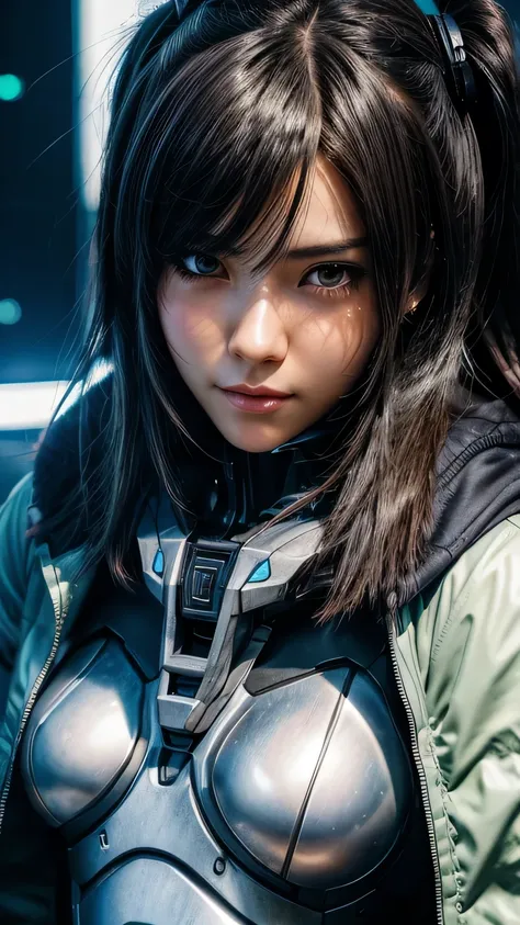 ((( face close-up )))､ Anime Girl in Shorts and Jacket Standing Next to a Giant Robot、Artwork in the style of Gwaiz、 Cyberpunk Anime Girl Mecha 、Trending on CGSAT 、Gwaiz、 Russell Dongjun Lu 、digital cyberpunk anime art、Rostran 8 K、Artstation Pixivのグワイツ、 Gi...