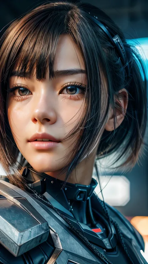 ((( face close-up )))､ Anime Girl in Shorts and Jacket Standing Next to a Giant Robot、Artwork in the style of Gwaiz、 Cyberpunk Anime Girl Mecha 、Trending on CGSAT 、Gwaiz、 Russell Dongjun Lu 、digital cyberpunk anime art、Rostran 8 K、Artstation Pixivのグワイツ、 Gi...