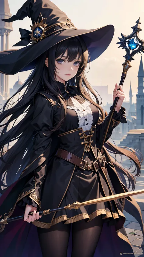  masterpiece,  Best quality , high resolution, beautiful detailed eyes, extremely detailed face , Detailed CG, 1 girl; standing, Holds a wizards staff with his hand,  view from the front,  looking at the spectator,  long black hair , black eyes,  impossibl...