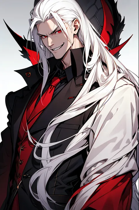 Tall, White man, Long white hair, Red eyes, shining eyes, fangs, flores dark, smirk face wide smile,  long nails, dark suit, style pose, long fangs, beautiful male