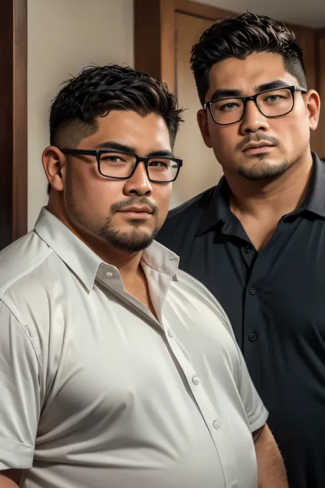 (8k, high definition, high resolution, ultra realistic, masterpiece) two handsome caucasian obese men beside each other. wearing...